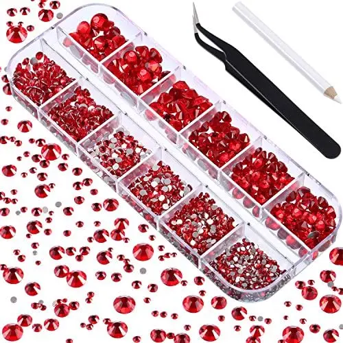 TecUnite 2000 Pieces Flat Back Gems Round Crystal Rhinestones 6 Sizes (1.5-6 mm) with Pick Up Tweezer and Rhinestones Picking Pen for Crafts Nail Face Art Clothes Shoes Bags DIY (Red) TecUnite 2000 Pieces Flat Back Gems Round Crystal Rhinestones 6 Sizes (1.5-6 mm) with Pick Up Tweezer and Rhinestones Picking Pen for Crafts Nail Face Art Clothes Shoes Bags DIY (Red)