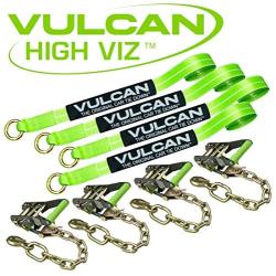 VULCAN Car Tie Down with Chain Anchors - Lasso Style - 2 Inch x 96 Inch, 4 Pack - High-Viz - 3,300 Pound Safe Working Load