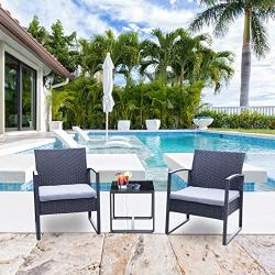 Viewee 3 Pieces Patio Rattan Sets, Modern Outdoor Furniture with 2 PE Rattan Chairs, 2 Thicker Cushions and 1 Square Metal Side Table for Indoor and Outdoor Porches, Decks and Balconies
