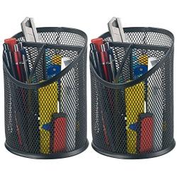 Bonsaii 2-Pack Round Steel Mesh Pen Pencil Desk Holder Organizer 3 Compartments,Black(W6809)