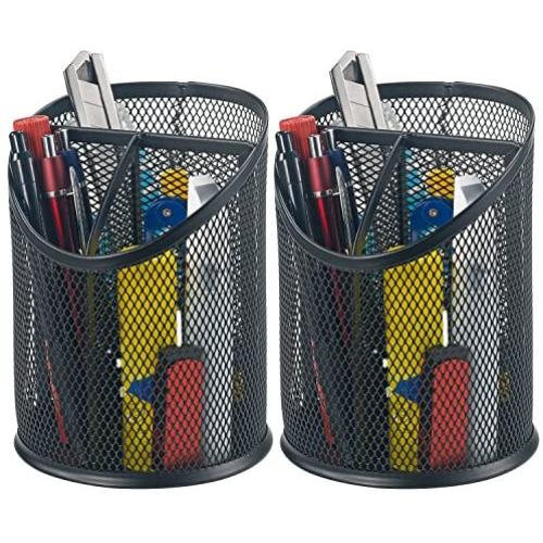 Bonsaii 2-Pack Round Steel Mesh Pen Pencil Desk Holder Organizer 3 Compartments,Black(W6809)