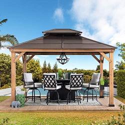 Sunjoy Chapman 11 x 13 ft. Cedar Framed Gazebo with Steel 2-Tier Hip Roof Hardtop, Brown