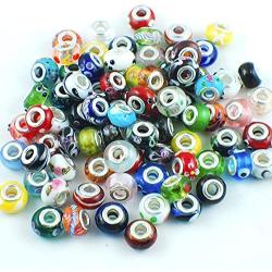 RUBYCA Silver Color Murano Glass Beads Fit European Charm Bracelet Spacer by eART 50pcs Mix