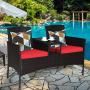 Tangkula Outdoor Rattan Loveseat, Patio Conversation Set with Cushions & Table, Modern Patio Furniture Set Wicker Sofa Set with Built-in Coffee Table, Rattan Sofas for Garden Lawn Backyard