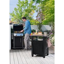 Keter Unity Portable Outdoor Table and Storage Cabinet with Hooks for Grill Accessories-Stainless Steel Top for Patio Kitchen Island or Bar Cart, Dark Grey