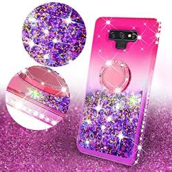 SOGA Rhinestone Glitter Bling Liquid Floating Quicksand Cute Phone Case Compatible for Samsung Galaxy Note 9 Case with Embedded Metal Ring for Magnetic Car Mounts Include Lanyard - Purple on Pink