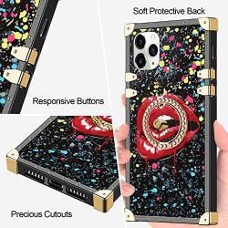 Wollony for iPhone 11 Pro Max Case with Ring Holder Square Edge for Women Retro Flower Soft Protective Kickstand Case Metal Reinforced Corners Shockproof Cover for iPhone 11 Pro Max 6.5'' Black Lips