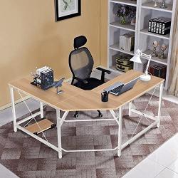 DlandHome L-Shaped Computer Desk 59 inches x 59 inches, Composite Wood and Metal, Home Office PC Laptop Study Workstation Corner Table with CPU Stand, Maple and White Legs, ZJ02-OW