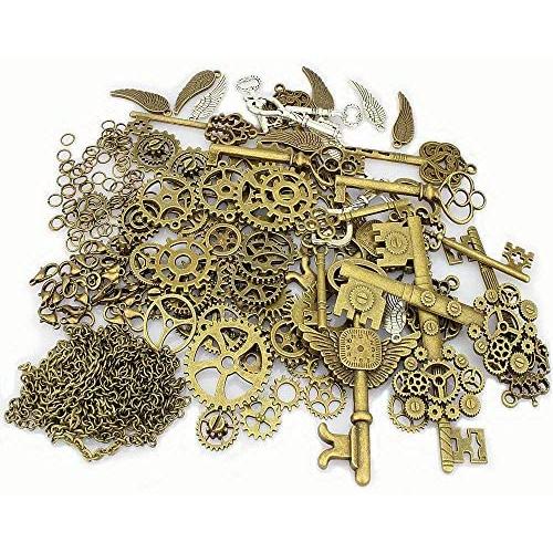 LolliBeads 230 Gram Antiqued Bronze/Silver Metal Skeleton Keys and Wings, Bronze Steampunk Watch Gear Cog Wheel, Chains, Clasps and Jump Rings DIY Kits (300 Pcs)