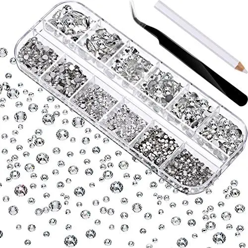 TecUnite 2000 Pieces Flat Back Gems Round Crystal Rhinestones 6 Sizes (1.5-6 mm) with Pick Up Tweezer and Rhinestones Picking Pen for Crafts Nail Face Art Clothes Shoes Bags DIY (Clear) TecUnite 2000 Pieces Flat Back Gems Round Crystal Rhinestones 6 Sizes (1.5-6 mm) with Pick Up Tweezer and Rhinestones Picking Pen for Crafts Nail Face Art Clothes Shoes Bags DIY (Clear)