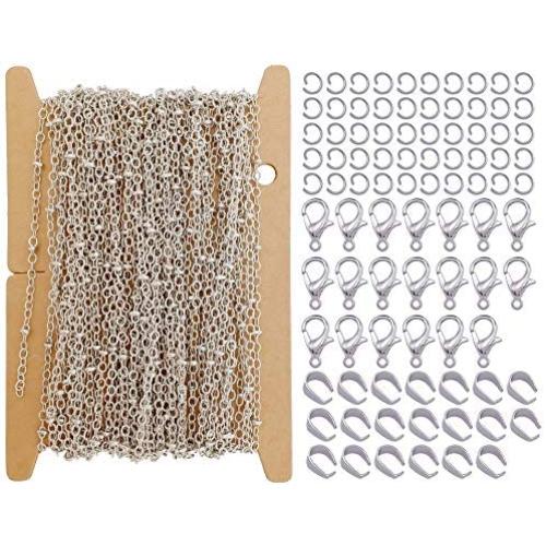 ZCNest 32.8 Ft(10m) Rhodium Satellite Chains with Beads for Jewelry Making Set, with Lobster Clasps+Jump Rings+Pinch Bails, Cable Link Craft Chain Findings for Necklace Bracelet DIY Wide 2.0mm_2102-B