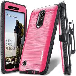 COVRWARE Iron Tank Series Case for LG K20 Plus /K20 V/Harmony/Grace 4G /K10 (2017) Built-in [Screen Protector] Heavy Duty Full-Body Holster Armor [Brushed Metal Texture] Case [Belt Clip], Pink