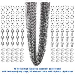 EuTengHao Necklace Jewelry Chain 40 Feet Kit with 100 Jump Rings and 30 Lobster Clasps 5 Waxed Necklace Cords 1.5mm Stainless Steel Silver Plated Jewelry Chain for Jewelry Bracelet Making Repair