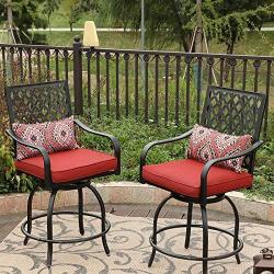 PHI VILLA Outdoor Swivel Bar Stool Set of 2 Counter Height Patio Metal Dining Chairs All-Weather Patio Furniture Chair Set with Cushion & Pillow for Bistro Lawn Yard Garden