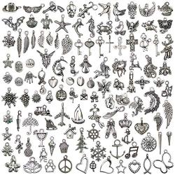 Nairua 120PCS Wholesale Bulk Lots Jewelry Making Silver Charms Mixed Smooth Tibetan Silver Metal Charms Pendants DIY for Necklace Bracelet Jewelry Making and Crafting