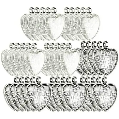 Bastex Heart Shaped Pendants for Jewelry Making. 80 Pieces of DIY Pendant Tray Necklace Charms, Includes Metal Bezels and Cabochons - 1 inch, Silver and Black