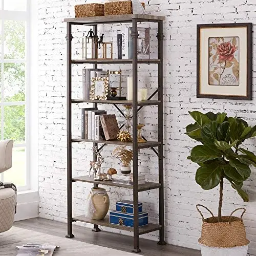Hombazaar 6-Tier Tall Bookshelf, Vintage Industrial Metal Bookcase Display Rack and Storage Organizer for Living Room, Grey Oak Hombazaar 6-Tier Tall Bookshelf, Vintage Industrial Metal Bookcase Display Rack and Storage Organizer for Living Room, Grey Oak