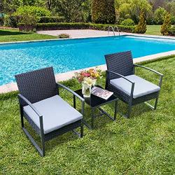 Viewee 3 Pieces Patio Rattan Sets, Modern Outdoor Furniture with 2 PE Rattan Chairs, 2 Thicker Cushions and 1 Square Metal Side Table for Indoor and Outdoor Porches, Decks and Balconies