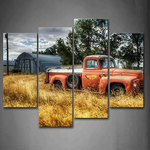 Old Truck Car Wall Art in Red and Trees and Dry Grasses in Field Wall Decor Painting Pictures Print On Canvas The Picture for Home Modern Decoration Old Truck Car Wall Art in Red and Trees and Dry Grasses in Field Wall Decor Painting Pictures Print On Canvas The Picture for Home Modern Decoration
