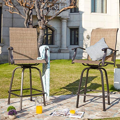 LOKATSE HOME 2 Piece Bar Height Patio Chairs Outdoor Swivel Stools Set Furniture with All Weather Metal Frame, Khaki