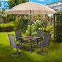 MFSTUDIO 5 Piece Metal Patio Armrest Dining Swivel Chairs and Larger Square Table Set, 37'' Square Bistro Wood-Like Table and 4 Backyard Garden Rock Chairs - Umbrella Hole 1.57''