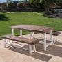 Cassie Outdoor Modern Industrial 3 Piece Acacia Wood Picnic Dining Set with Benches, Sandblasted Dark Brown and White Rustic Metal