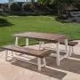 Cassie Outdoor Modern Industrial 3 Piece Acacia Wood Picnic Dining Set with Benches, Sandblasted Dark Brown and White Rustic Metal