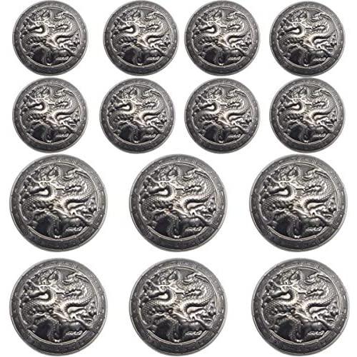 14 Piece Vintage Antiqued Silver Metal Blazer Button Set - Dragon - for Blazer, Suits, Sport Coat, Uniform, Jacket(Silver) 17mm 23mm