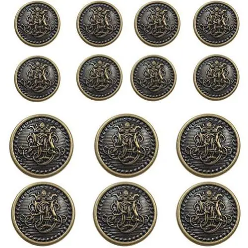 14 Piece Vintage Antique Brass (Bronze) Metal Blazer Button Set - Kings Crowned, Vine Crest - for Blazer, Suits, Sport