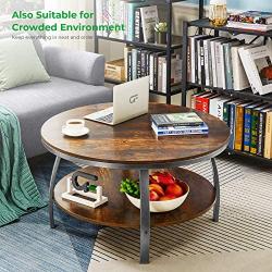 GreenForest 35.4 Inch Round Coffee Table 2-Tier Large Size Industrial Design Sofa Table for Living Room with Storage Shelf Metal Legs Center Table, Rustic Brown