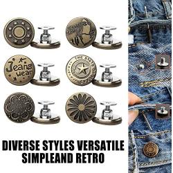 Jean Buttons Replacement No Sew Needed, 6 pcs Perfect Fit Instant Button to Extend or Reduce 1'' to Denim Pants Corduroy Skirt Skinny Jeans Jeggings, Easy Clip Snap Tack Metal Button in 6 Designs