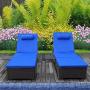 Outdoor PE Wicker Chaise Lounge - 2 Piece Patio Black Rattan Reclining Chair Furniture Set Beach Pool Adjustable Backrest Recliners with Royal Blue Cushions