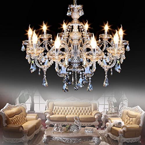 Ridgeyard 25.6 x 35.4 Inch Modern Luxurious 10 Lights K9 Crystal Chandelier Candle Pendant Lamp Living Room Ceiling Lighting for Dining Bedroom Hallway Entry (Cognac/Champagne Color)
