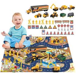 BeebeeRun Construction Vehicles Toys Set with Play Mat,44PCS Alloy Metal Trucks Car Play Set for Kids,Construction Truck Toys for 2 3 4 Year Old Boys,Gifts Boxed