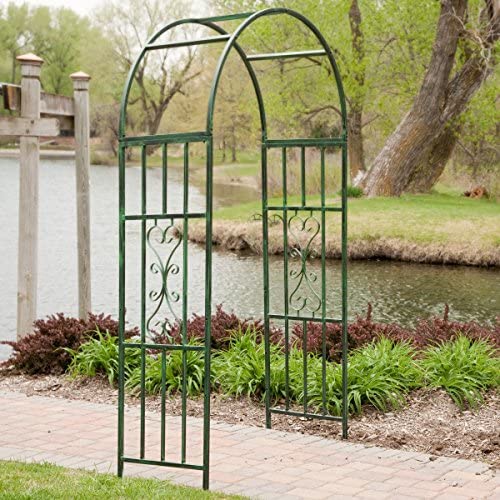 Steel Outdoor Garden Arbor (7-ft.) in Powder Coated Black Verdigris Finish with Intricate Scrollwork Design - Ideal for Climbing Vines and Plants Steel Outdoor Garden Arbor (7-ft.) in Powder Coated Black Verdigris Finish with Intricate Scrollwork Design - Ideal for Climbing Vines and Plants