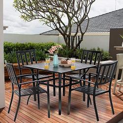 PHI VILLA 5 Piece Outdoor Patio Dining Set, Square Metal Slatted Table with 1.57” Umbrella Hole & 4 Metal Chairs for Deck, Yard