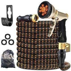 XBUTY Garden Hose Expandable - 2021 Upgraded Water Hose with Improved Anti-Leak System(with 2 Replacement parts), 4-Layer Latex Tube, 3750D Fabric, 9-Way METAL Sprayer, 3/4'' Solid Brass Fittings, 25FT