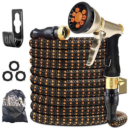 XBUTY Garden Hose Expandable (Patented) - Super Durable Water Hose with Upgraded Anti-Leak System, 4-Layer Latex Tube, Premium 3750D Fabric, 9-Way Metal Sprayer, 3/4'' Solid Brass Fittings (100FT)