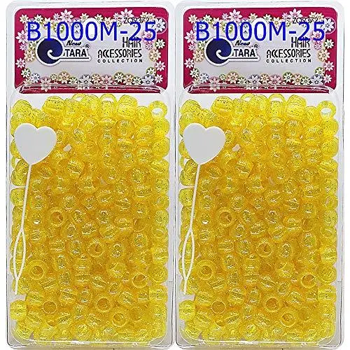 Tara Metallic Color 12 MM Plastic Beads For Braid Hair 240 Pieces In One Pack (Pack of 2, GLITTER YELLOW)