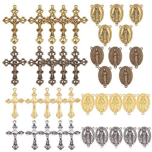 SUNNYCLUE 40PCS 4 Color Tibetan Style Rosary Cross and Center Miraculous Medal with Alloy Cross Pendants and Oval Chandelier Links for Rosary Beads Necklace Making
