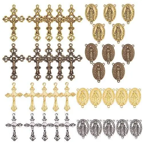 SUNNYCLUE 40PCS 4 Color Tibetan Style Rosary Cross and Center Miraculous Medal with Alloy Cross Pendants and Oval Chandelier Links for Rosary Beads Necklace Making