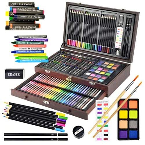 Sunnyglade 145 Piece Deluxe Art Set, Wooden Art Box & Drawing Kit with Crayons, Oil Pastels, Colored Pencils, Watercolor Cakes, Sketch Pencils, Paint Brush, Sharpener, Eraser, Color Chart (Cherry)