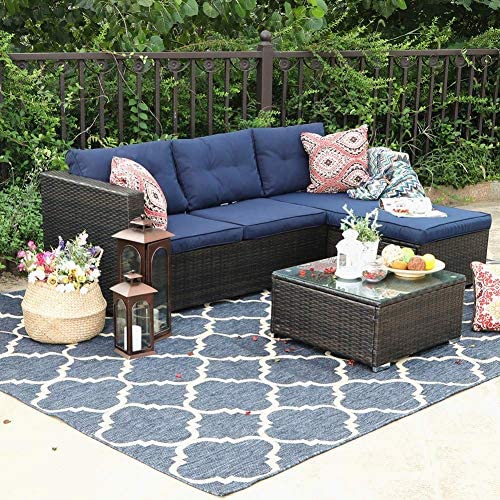 PHI VILLA Outdoor Sectional Rattan Sofa - Wicker Patio Furniture Set (Blue)