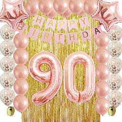 Rose Gold 90th Birthday Decorations Party Supplies Kit for Women,Men,Adult-Gold Metallic Foil Curtain-Confetti Latex Balloons as Photo Booth,Table and Wall Backdrop