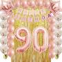 Rose Gold 90th Birthday Decorations Party Supplies Kit for Women,Men,Adult-Gold Metallic Foil Curtain-Confetti Latex Balloons as Photo Booth,Table and Wall Backdrop
