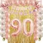 Rose Gold 90th Birthday Decorations Party Supplies Kit for Women,Men,Adult-Gold Metallic Foil Curtain-Confetti Latex Balloons as Photo Booth,Table and Wall Backdrop