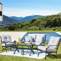 LOKATSE HOME 4 Pieces Outdoor Conversation Furniture Bistro Metal Seating Patio Armchairs Loveseat Set with Cushion & Coffee Table, 4 pcs Chair, Grey