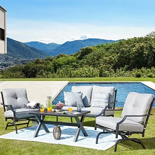 LOKATSE HOME 4 Pieces Outdoor Conversation Furniture Bistro Metal Seating Patio Armchairs Loveseat Set with Cushion & Coffee Table, 4 pcs Chair, Grey LOKATSE HOME 4 Pieces Outdoor Conversation Furniture Bistro Metal Seating Patio Armchairs Loveseat Set with Cushion & Coffee Table, 4 pcs Chair, Grey
