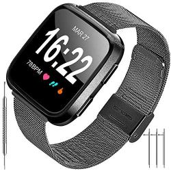 BibGram Bands Metal Black Compatible for Fitbit Versa/Versa 2/Versa Lite/Versa SE Replacement Women Men Stainless Steel