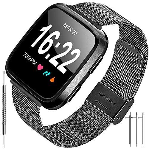 BibGram Bands Metal Black Compatible for Fitbit Versa/Versa 2/Versa Lite/Versa SE Replacement Women Men Stainless Steel